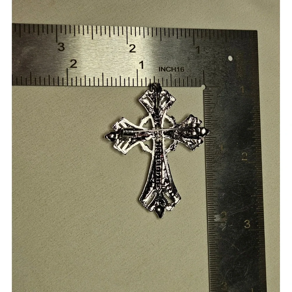 Rhinestone Cross Pendant Women OS Silver AB Crystal Gothic Filigree